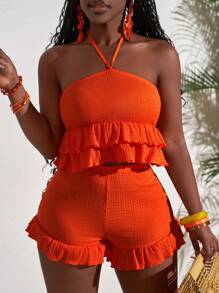 Slaydiva 2025 New Women Plus Size Retro Vacation/Tropical Resort/Music Festival/Club/Road Trip/ Resort/Casual/City Vacation/Graduation Date/Elegant Vacation 2Pcs Set - Sleeveless Top With Halter Neck Tie Texture Fabric And Layered Ruffle Hem Shorts, Orange Women Summer Clothing Woman S Summer Clothes Women S Clothes,2 Pieces Summer Outfit - Orange - View 4