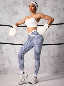 SHEIN Sport Studio Women's Asymmetrical Waistband Plaid Casual Gym Sports Leggings