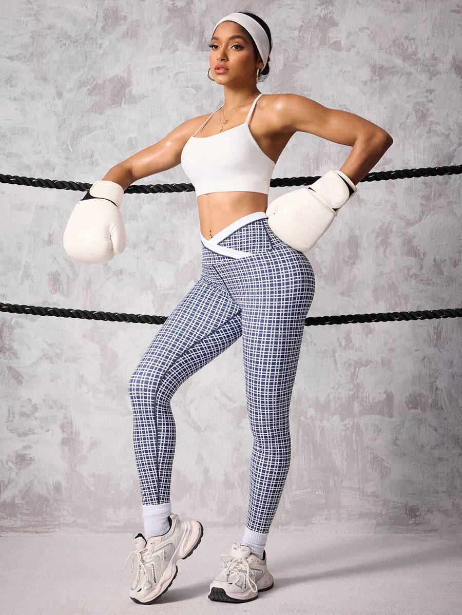 SHEIN Sport Studio Women's Asymmetrical Waistband Plaid Casual Gym Sports Leggings