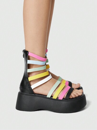 Women's Platform Sandals With Colorful Criss-Cross Straps, Round Toe, 7.5cm Heel Height, Vibrant & Youthful Style, PU Material, Suitable For Outdoor Activities Like Picnics