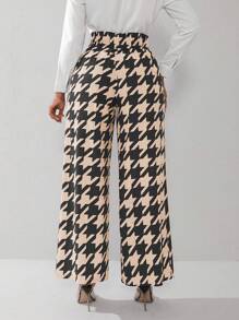 Lyxana Pantalones de pierna ancha con estampado de pata de gallo simple para mujer, ideales para desplazamientos - Caqui - Ver 2