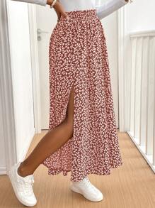 SHEIN Frenchy 女式碎花印花开衩下摆休闲长裙，带荷叶边细节 - 紅色 - 查看 3