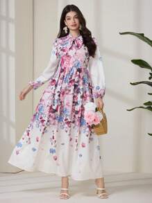 Modelyn Women's Floral Print Tie Collar Lantern Sleeve Extra Long Dress