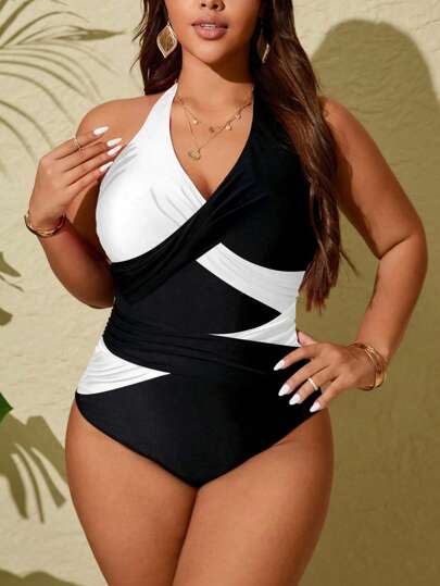 SHEIN Slayr CURVE Plus Size Women Color Block Elegant Halter One-Piece Casual Swimsuit For Vacation, For Summer Beach