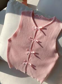 Comfortcana Top tricoté à col rond, nœud papillon, ajouré, casual, sans manches, de couleur unie