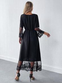 SHEIN Clasi Women's Fashionable Round Neck Floral Lace Patchwork Dress - Black - View 2