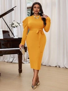 SHEIN Lady Autumn And Winter Elegant Navy Blue Knitted Round Neck Long Sleeve Bodycon Dress Plus Size Dresses Blue Dresses