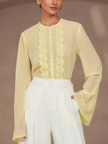 Chiquease Blusa de manga larga con abotonadura, cuello con volantes de gasa elegante y romántica para mujer - Amarillo - Ver 3