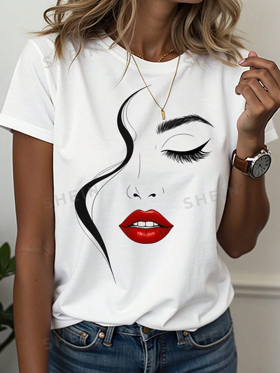 SHEIN Essnce 1 bucată tricou cu mânecă scurtă, cu gât rotund, cu imprimeu de față, primăvară și vară