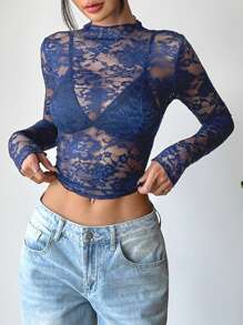 EgrlEra Women's Dark Blue Lace Long Sleeve Top: Sheer Floral Mock Neck Crop Top - Navy Blue - View 5