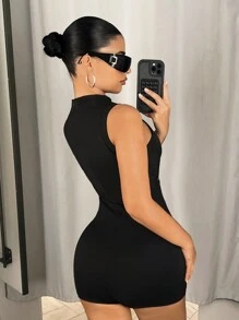 SHEIN ICON Front Twist Hollow-Out Solid Sexy Bodycon Romper - Black - View 2