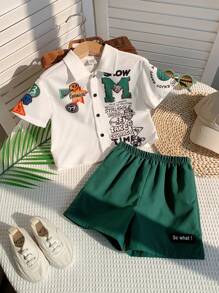 SHEIN Set de 2 piezas de ropa casual para niño pequeño, con camiseta de manga corta con estampado de letras y pantalones cortos de cintura elástica, adecuado para primavera/verano, apto para jugar al aire libre y usar en la calle