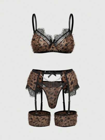 Grunge Punk 3pcs/Set Punk Wild Mosquito Leopard Print Metal Chain Sports Bra, Thong Panty, And Garter Belt Sexy Lingerie Set