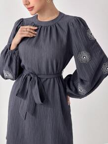 Veilorie Women Floral Embroidered Lantern Sleeve Top And Pants Arabic Style 2 Pieces Set,Modest