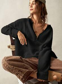 Bohemela 女士度假宽松 V 领落肩长袖编织纯色衬衫