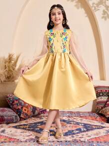 Vestido elegante de manga larga con estampado floral y malla para niñas preadolescentes