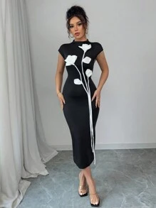 Chiquease 女式小立领花卉装饰修身紧身长裙，后开衩