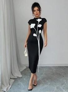 Chiquease 女式小立领花卉装饰修身紧身长裙，后开衩