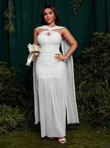 SHEIN Belle Vestido de estilo francés de cuello halter - Parche de malla, volantes, ajustado, espalda descubierta, largo, vestido elegante de vacaciones - Blanco - Ver 3