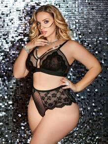 2 pièces Ensemble de lingerie en maille à pois avec application de dentelle, taille grande et sexy