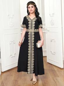 SHEIN 青少年女孩优雅 V 领短袖缀饰 A 字裙 - 彩色 - 查看 5