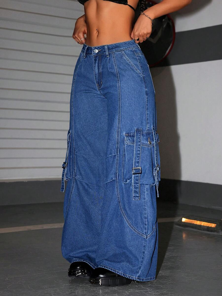 SHEIN ICON Women Front Button Pocket Casual Loose Denim Jeans, Everyday Wear - Blue - View 1