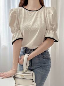 FRIFUL 女士优雅纹理面料泡泡袖T恤，撞色饰边，演唱会可爱上衣 - 杏色 - 查看 6