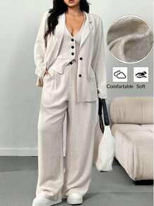 SHEIN EZwear Spring Linen Lightweight Mandarin Collar Front Button Down Jacket, Minimalist Sleeveless Top And Pants Casual Plus Size Suit Graduation,Back To School,Teacher Outfits For Women In Fall/Winter