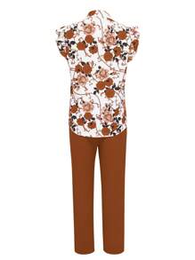 Xyvia Conjunto de 2 piezas de mujer con camisa de botones delanteros con estampado floral y pantalones de largo completo (el cinturón es decorativo) - Óxido marrón - Ver 2
