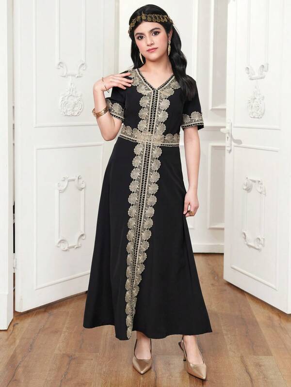 Teens Girls' Elegant V-Neck Short Sleeve Embellished A-Line Dress