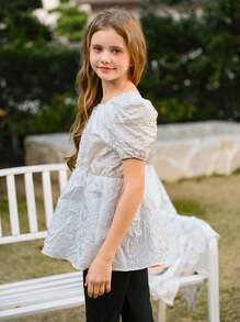 SHEIN 2pcs/Set Tween Girl Ruffled Sleeve Button-Up Shirt & Flare Pants, Elegant Girl Outfits, Wedding Ceremony & Elegant Cute Style, Floral/Partial Decoration, Without Traditional Patterns