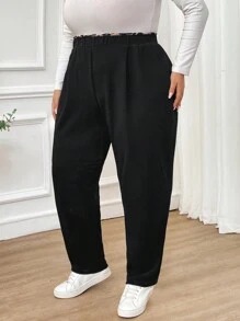 SHEIN CURVE+ 大码女装秋冬时尚休闲舒适豹纹拼接松紧腰口袋黑色裤子，女式下装，秋季女装，工作裤，教师服，曲线裤，办公室装，商务休闲女装 - 黑色 - 查看 3