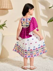 SHEIN 年轻女孩编织碎花圆领荷叶边下摆修身休闲连衣裙 - 紫色 - 查看 2