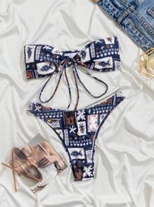 SHEIN Swim Bestselling Sweet Summer Vacation Style Palm Tree Print Front Drawstring Halter Women's Bikini Set, Suitable For Pool & Beach - Multicolor - View 6