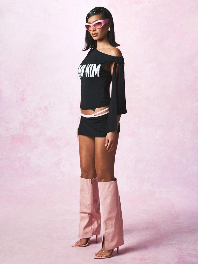 SUMWON WOMEN Slogan Text Print Jednoramienny krótki top