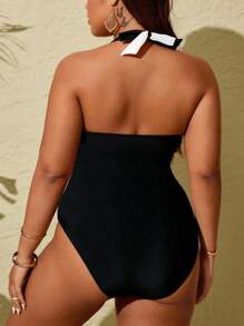 SHEIN Slayr CURVE Plus Size Women Color Block Elegant Halter One-Piece Casual Swimsuit For Vacation, For Summer Beach