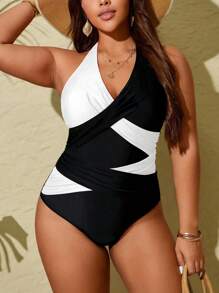 SHEIN Slayr CURVE Plus Size Women Color Block Elegant Halter One-Piece Casual Swimsuit For Vacation, For Summer Beach