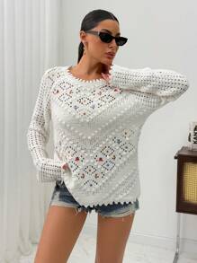 EURMUSE WOMEN Flower Embroidered Seasonless Flowers Patterned Bobble Knit Sweater - White - View 3