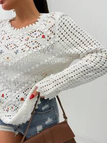 EURMUSE WOMEN Flower Embroidered Seasonless Flowers Patterned Bobble Knit Sweater - White - View 5