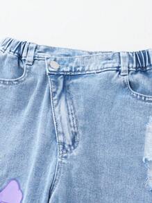 Sparklyn Denimly Tween 女童休闲日常都市街头学院风浅色洗水休闲牛仔裤，搭配可爱蝴蝶结印花、松紧腰身、破洞细节、阔腿