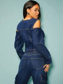 Denimoi Cold Shoulder Fitted Waist Denim Jacket - Dark Wash - View 4
