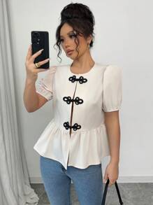 SHEIN Unity Buttoned Design Women Shirt, Puff Sleeve Crop Blouse, Apricot Color Chinese Style Women Shirt - Apricot - View 1