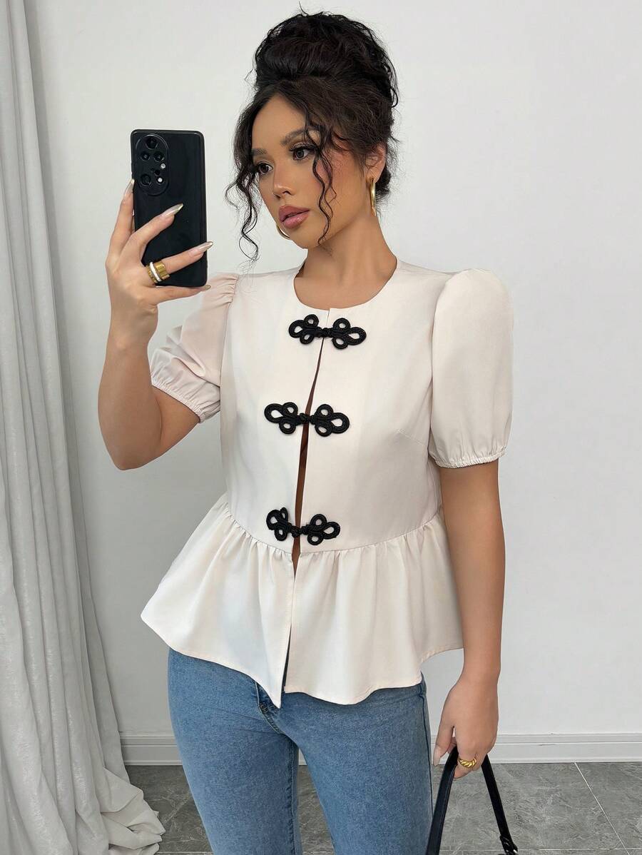 SHEIN Unity Buttoned Design Women Shirt, Puff Sleeve Crop Blouse, Apricot Color Chinese Style Women Shirt - Apricot - View 1