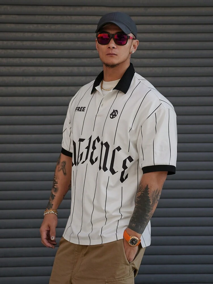 Spring/Summer Men's Golf Letter Print Striped Polo Shirt Business Attire