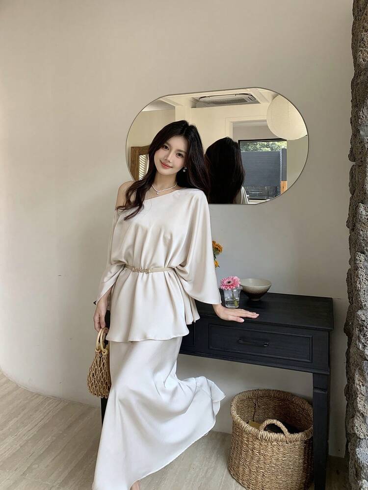 2pcs Women Summer Solid Color Fish Tail Slip Dress With Strapless Top, Elegant And Graceful