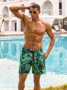 Manfinity VDAYZ Pantalones cortos de playa con cordones y bolsillos con estampado completo para hombres, shorts de baño informales y de vacaciones para parejas, novio, de estilo hawaiano