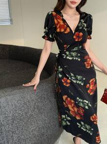 DAZY Sukienka damska z krótkim rękawem i kwiatowym wzorem kopertowym