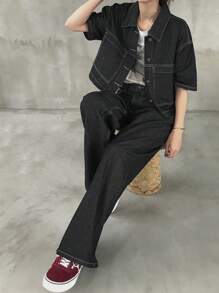 FRIFUL 女士两件套灰色牛仔套装：牛仔夹克 + 牛仔裤 - 黑色 - 查看 6