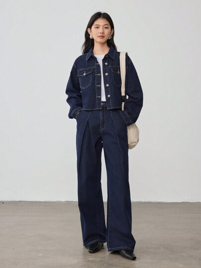 Dazy-Less Loose Casual Business Women Denim Suit Set Old Money Style,Fall Women Clothes