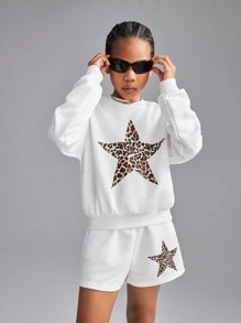 SHEIN Conjunto informal de 2 piezas de sudadera con hombros caídos y shorts con estampado de leopardo y estrellas para niñas preadolescentes, de primavera/verano, de ajuste holgado